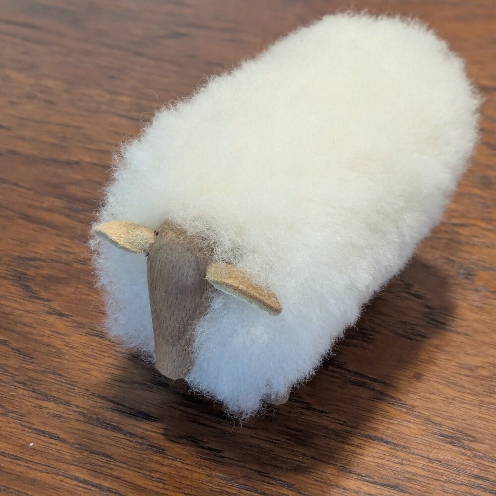 Adorable Hand-Crafted Wool and Wood Sheep Lamp Figurine One-of-a-Kind Folk Art